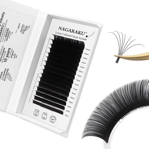 NAGARAKU Individual Eyelash Extensions, Luxury Collected Classic Single Lashes Upgraded 3rd Generation Soft Natural Beauty Salon Professional Lash Supplies 16 Rows Matte Black -0.05 C Curl 7-15mm Mix