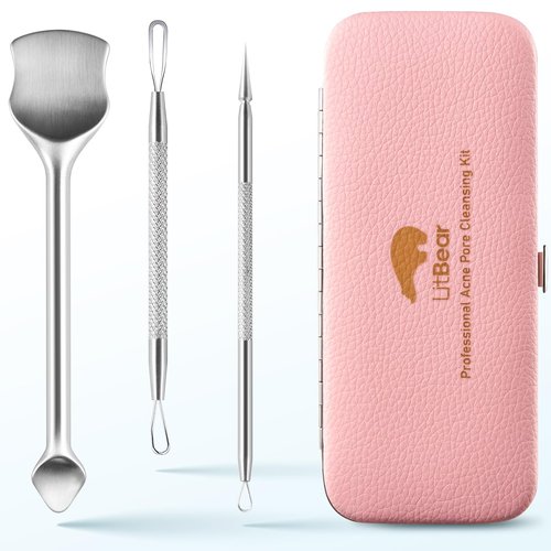 LitBear Pore Prep Tool, Blackhead Remover Pimple Popper Tool Kit, Stainless Steel Blackhead Extractions Tool for Acne, Whitehead Popping, Blemish, Comedone, Pink