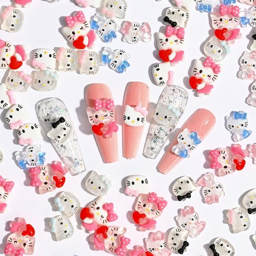 Kawaii Cartoon Cat Nail Charms 40Pcs Cute 3D Nail Art Charms Designs Cat Nail Jewelry Rhinestones Gems and Charms for Women DIY Manicure Decoration Accessories