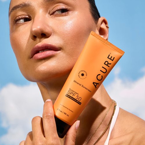 Acure Mineral Sunscreen SPF 50 - Zinc Oxide Sunscreen for Face & Body, Travel Size Sunblock Cream for Men & Women, Non Toxic for Sensitive Skin with Squalane for Hydration - 3 fl oz