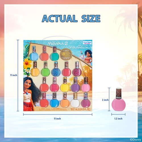 Townley Girl Moana 2 Water-Based Peel Off Nail Polish Set with Glittery Shimmery Opaque Colors for Girls Kids Ages 3+ Perfect for Parties Spa Days Makeovers 18 Pcs