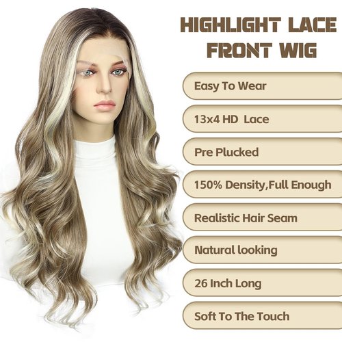 BABEHERS Ash blonde Lace Front Wig for Women 13x4 Body Wave Synthetic lace Front Wigs Omber Pre-plucked Long Wavy 150% Density Heat Resistant Hair Daily Use 26 Inch