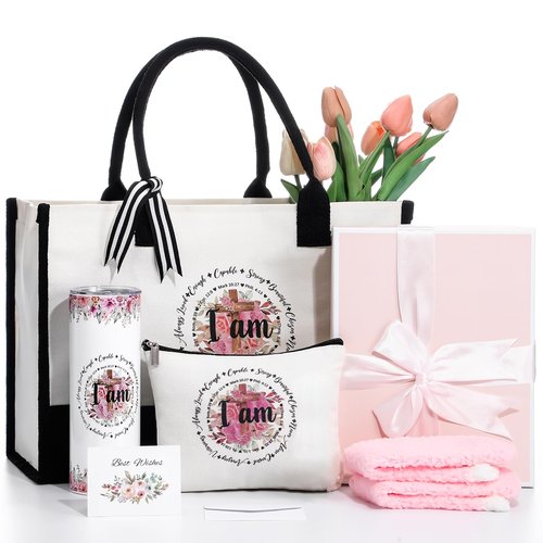Paterr 7 Pcs Christian Gift for Women Include 20 oz Tumbler Religious Tote Bag Makeup Bag Socks Keychain Card Birthday Gifts(I Am)