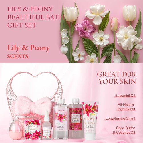 Valentines Day Gifts Basket Christmas Gifts for Women Spa Set Lily & Peony Home Spa Set, Beauty Personal Care Set Jojoba Oil, Spa Self Care Kit, Bath Body For Thank You, Birthday Gifts