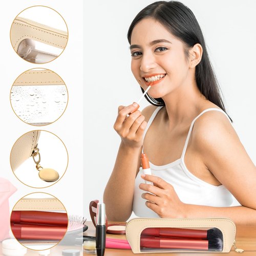 Kifmurase 2Pcs Clear Makeup Brush Bag, Leather Slim Makeup Case, Portable Transparent Waterproof Cosmetic Pouch with Zipper, Double Sided Clear Bag for Women Travel Storage (White, Pink)