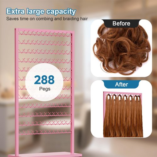 Portable Braiding Hair Rack with Wheels & Storage Drawers,2-Sided 288 Pegs,Hair Extension Holder Hanger for Braiding Hair Separator Stand Display,Hair Rack with Stylist Hair braiding Tools（Pink）