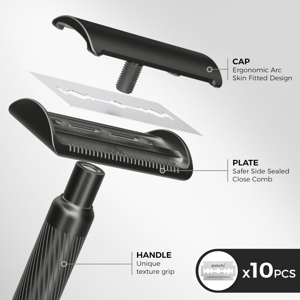 ZOMCHI Double Edge Safety Razor with Razor Stand, [New Version 2.0 ] Men’s Metal Razor with 10 Safety Razor Blades for Men & Women - Matte Black