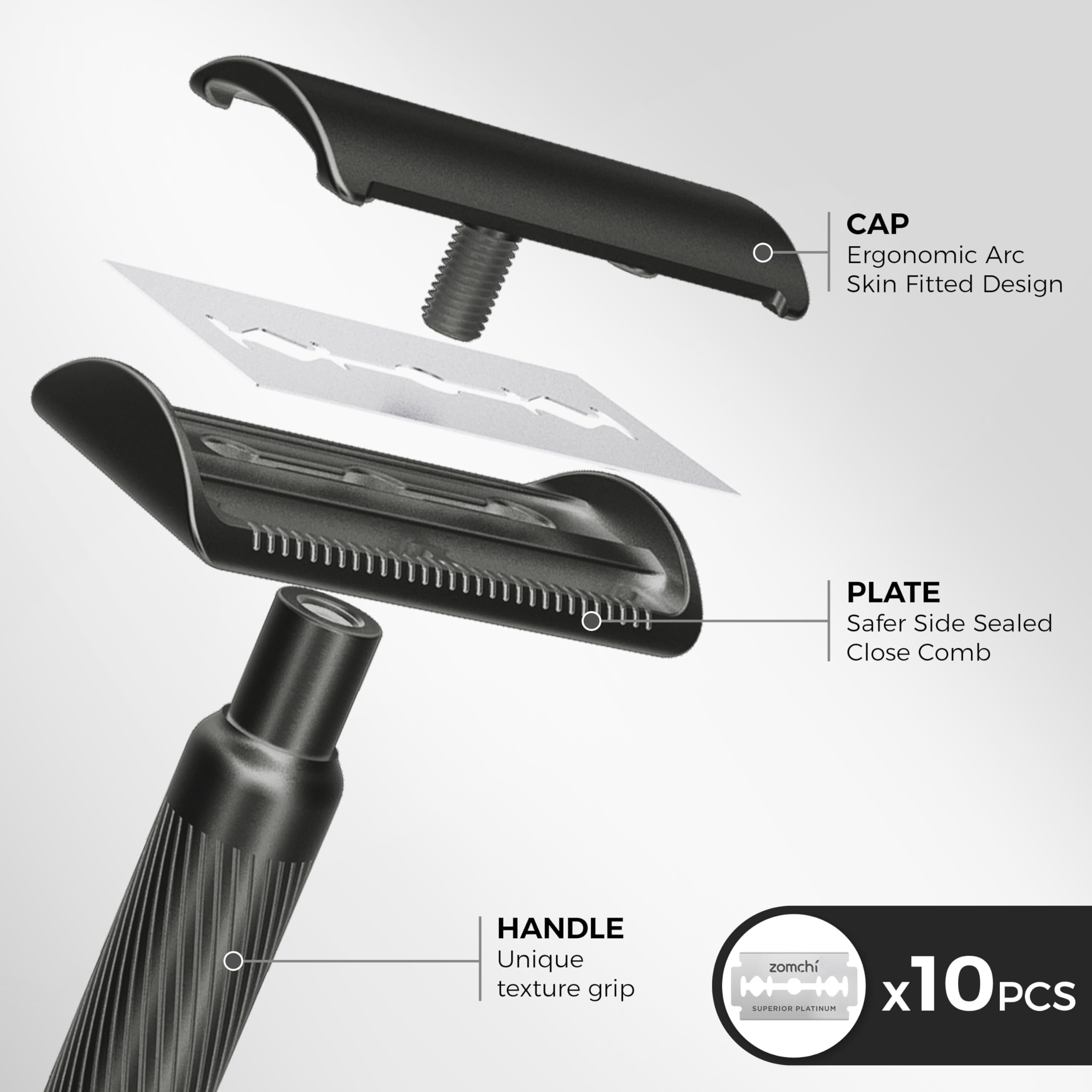 ZOMCHI Double Edge Safety Razor with Razor Stand, [New Version 2.0 ] Men’s Metal Razor with 10 Safety Razor Blades for Men & Women - Matte Black