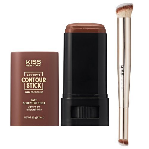 Kiss New York Airy Velvet Contour Stick (Cognac 0.70 Oz) With Dual Ended Contour Brush Set, Cool Toned Face Sculpting Cream Makeup, Buildable Lightweight Natural Finish Formula with Hyaluronic Acid