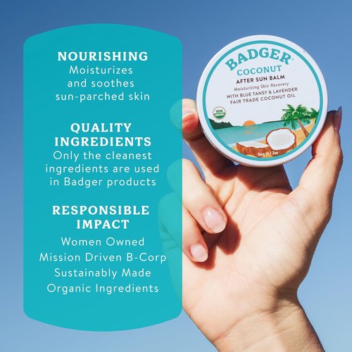 Badger Coconut AfterSun Balm - 100% Organic Sunburn Relief & Hydration | Soothing Skin Care, 2 oz Tin