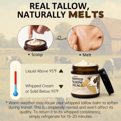 Roseblem Whipped Tallow Balm for Face – 100% Grass-Fed Organic Beef Tallow Cream with Manuka Honey & Beeswax – Body & Face Moisturizer for Sensitive Skin, Nourishing & Repairing, 4.2 oz