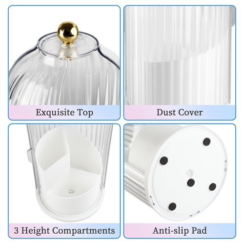 Makeup Brush Holder Organizer, 360 Rotating Makeup Brush Holder, Dustproof Waterproof Material & with 3 Compartments for Organized Storage, Dressing Tables Clear Storage Skincare Cosmetic (White)