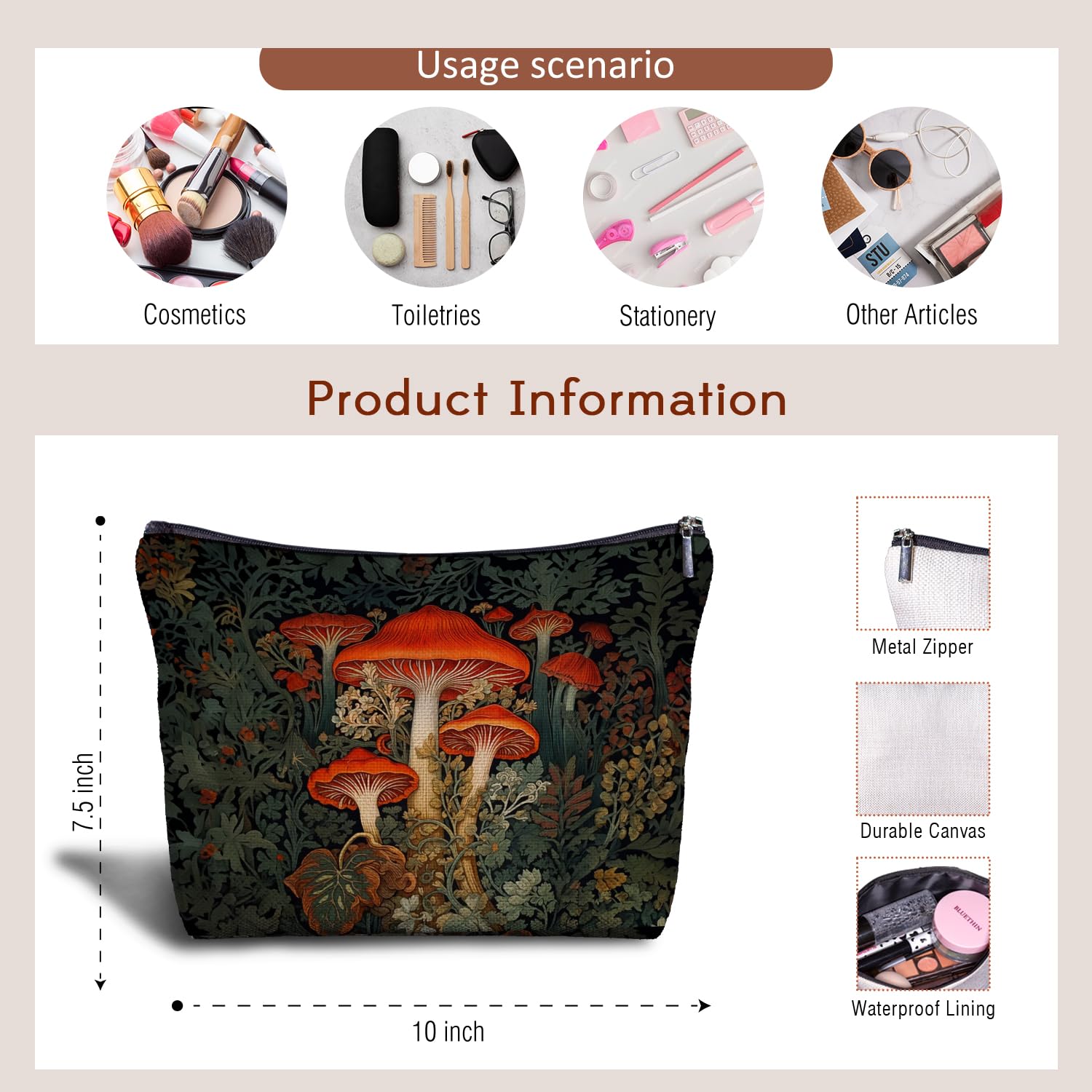 Zomhix Forest Mushroom Makeup Bag - Cottagecore Botanical Red Mushroom Cosmetic Bag, Mycologist Gift