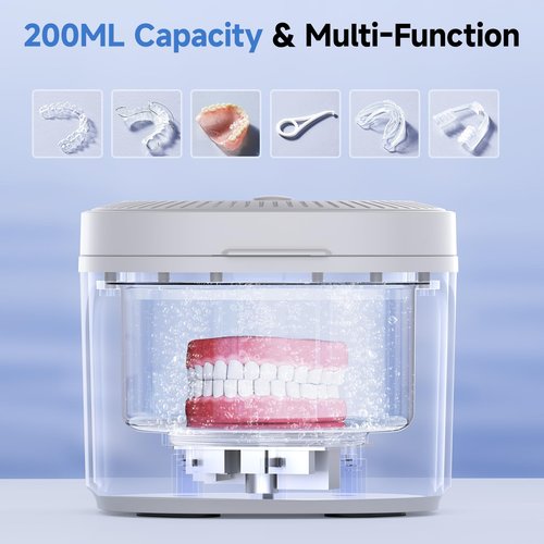 Ultrasonic Retainer Cleaner Machine, 45kHz Dental Cleaning Pod for Denture, Aligner, Nightguard, Mouth Guard, Toothbrush, Jewelry, with Digital Timer, 200ML & 4 Modes for All Dental Appliances