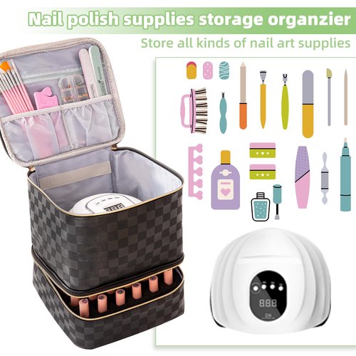 AFUOWER Nail Polish Organizer Bag with Handles - Holds 30 Bottles (15ml - 0.5 fl.oz)，Travel Case Portable Storage Bag for Manicure Set (Checkered Black)