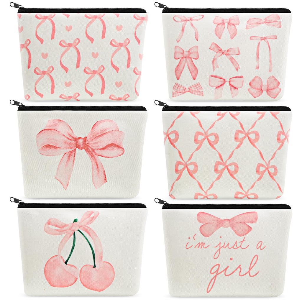 Yeyeplum 6 Pcs Pink Bow Makeup Bag Gifts for Women Coquette Bow Cosmetic Bag Bulk Preppy Travel Makeup Pouch Aesthetic Portable Versatile Zipper Pouch Birthday Gifts(Classic Style)