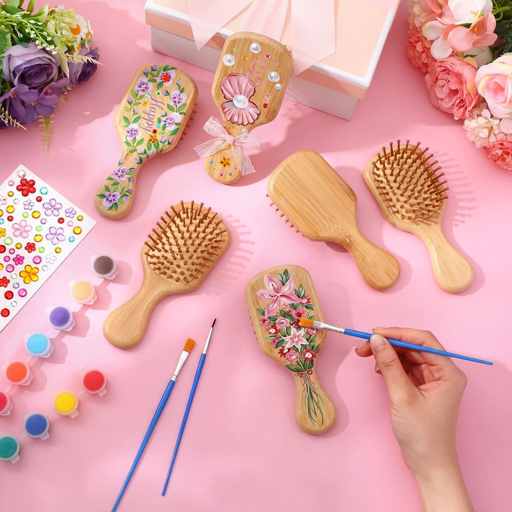 Weysat 18 Set DIY Wooden Hairbrush Painting Kits Paint Your Own Hair Brush with Paint Brush Sticker Mini Travel Detangling Hairbrush for Wedding Bridal Showers Girlfriends Night Gifts(Classic)