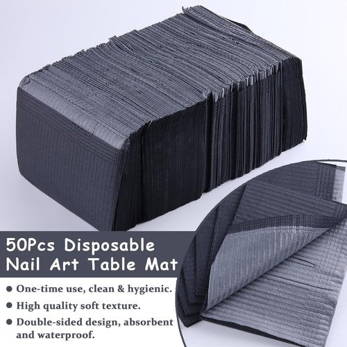 50Pcs Disposable Nail Art Table Mat, Black Foldable Nail Table Towels for Acrylic Nail Practice, 3 Ply Waterproof Tattoo Bibs Clean Pads Nail Table Cover Salon Manicure Supplies