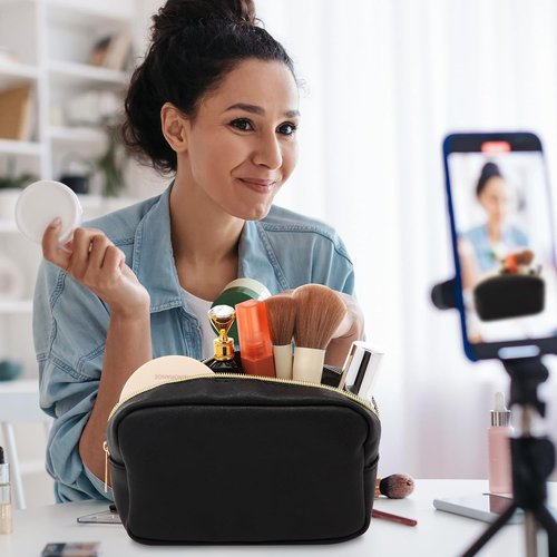 Sweetude Makeup Bag Set - 10 Pcs PU Leather Cosmetic Pouches for Women | Travel-Friendly Black Toiletry Bags