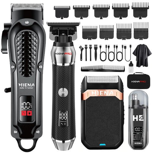 HIENA PRO Professional Cordless Hair Clippers for Men, T-Blade Beard Trimmer & Foil Shaver & Nose Hair Trimmer Set, Rechargeable Electric Barber Hair Cutting Grooming Kit