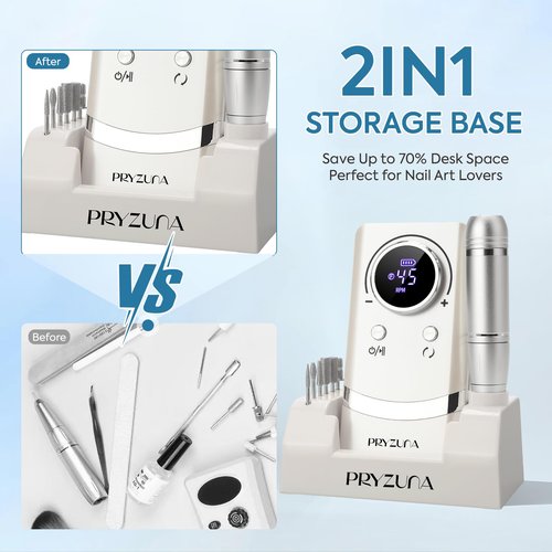 Professional Electric Nail Drill File 45000RPM, Cordless Nail E-File Machine with 7 Drill Bits, 56 Sanding Bands & Base, Portable Rechargeable Nail Drills for Acrylic Nails Gel Polishing (White)