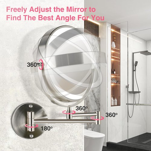 GREENFROM 8.5 Inch Magnifying Mirror with Lights, Wall Mounted Makeup Mirror, Dual-Sided 1X/20X, Bright LED Lighting, Space-Saving Design for Bathroom & Vanity, Brushed Nickel