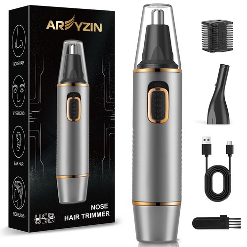 AREYZIN Nose Hair Trimmer for Men,Rechargeable Ear and Nose Trimmer,2 in 1 Painless Professional Eyebrow & Facial Hair Trimmer with IPX7 Waterproof Dual Edge Blades,Wet/Dry Use(Grey)