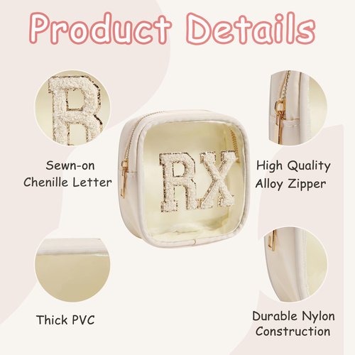 RSRSLEII Small Chenille Letter Clear Medicine Makeup Bags,Nylon PVC Waterproof Rx Pouch with Metal Zipper, Cute Drug First Aid Travel Organizer for Women Girls(06Beige)