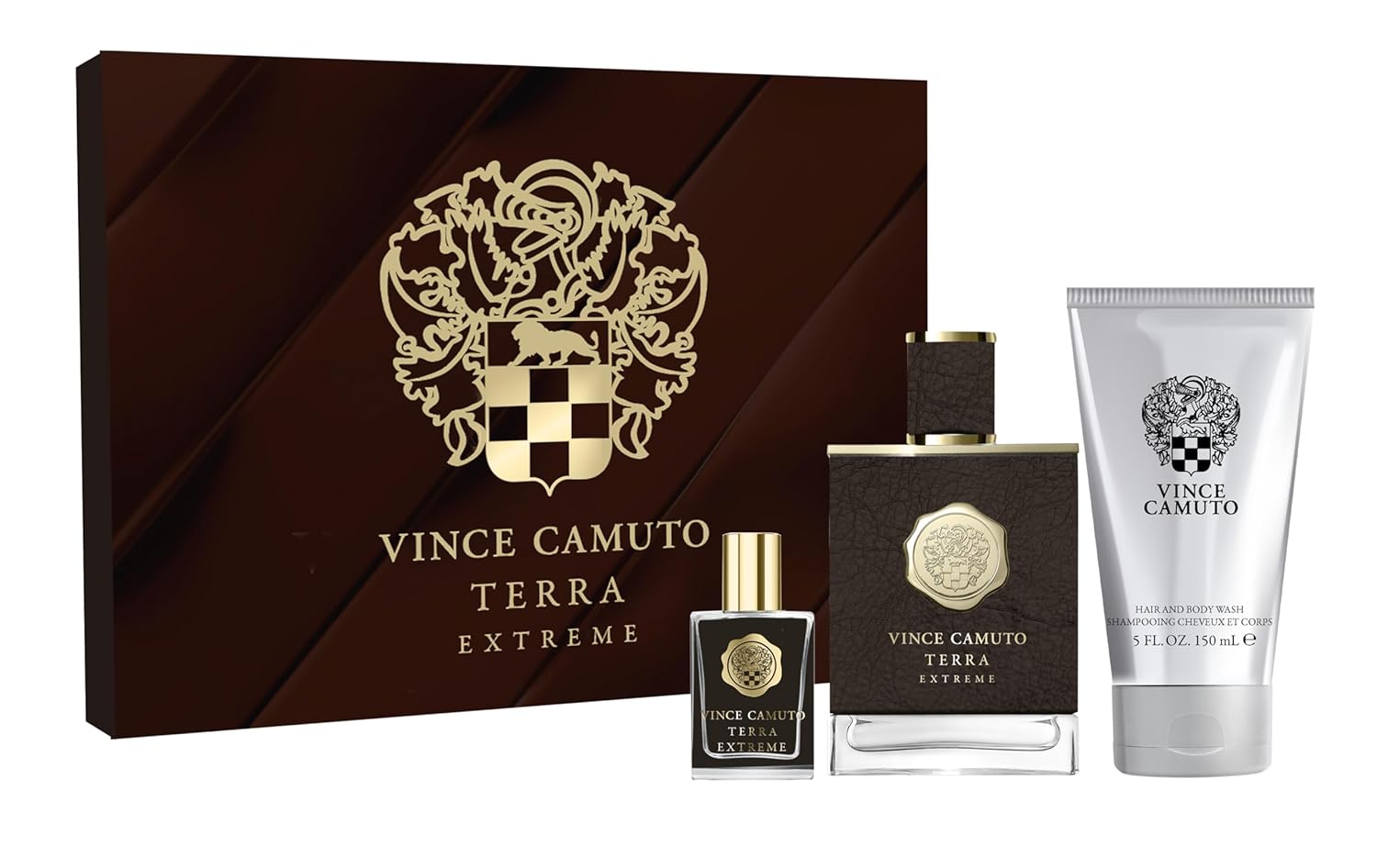 Vince Camuto Terra Extreme Men's Gift Set - Warm Woody Oriental Fragrance | Eau de Toilette 3.4 Fl Oz + Mini 0.5 Fl Oz + Hair & Body Wash 5 Fl Oz
