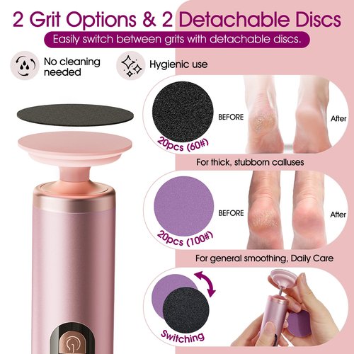 Electric Foot Callus Remover Rechargeable, Professional Pedicure Tools for Feet with 40PCS Sandpaper Discs, Adjustable Speed Heel Scraper for Cracked Heels, Foot Care Scrubber File for Dry Dead Skin