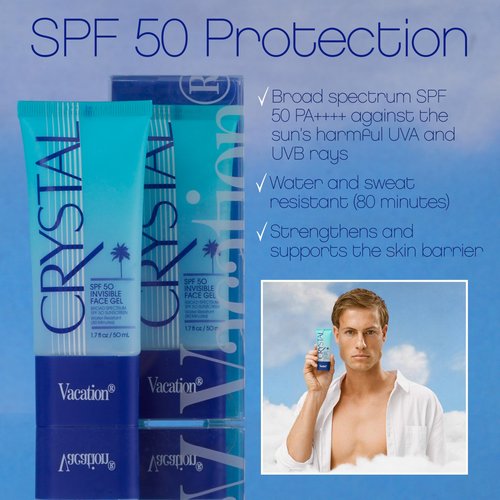 Vacation Crystal SPF 50 Face Gel, Clear Sunscreen, Hydrating & Nourishing, Water-Resistant, Fragrance-Free, Travel Size, 1.7 Fl. Oz.