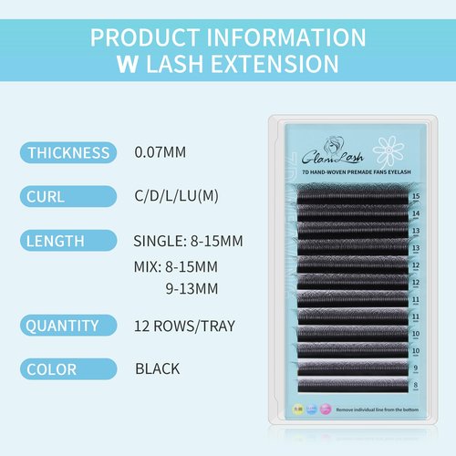 GLAMLASH W Eyelash Extensions 7D Russian Volume Premade Fan Natural Soft Matte Black False Lashes Professional Salon Supplies(7D,0.07,D,13mm)