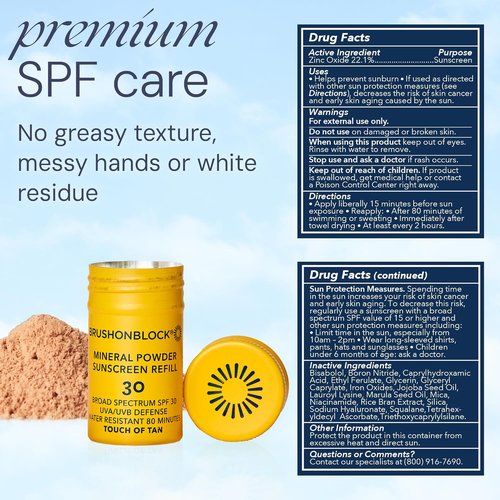 Brush On Block SPF 30 Mineral Powder Sunscreen Refill - New Formula with Niacinamide & Vitamin C | Water Resistant, Reef Friendly, Touch of Tan