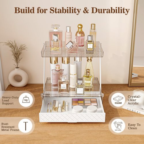 3-Tier Bathroom Countertop Makeup Organizer - Tall Big Make Up Storage with Slide-Out Tray & Bottom Drawer, Transparent Acrylic for Cosmetics Brushes Lipsticks Skincare