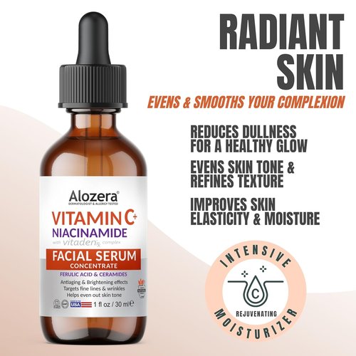 Alozera Vitamin C Facial Serum - Anti-Aging Niacinamide & Ferulic Acid for Radiant Skin | 1 oz