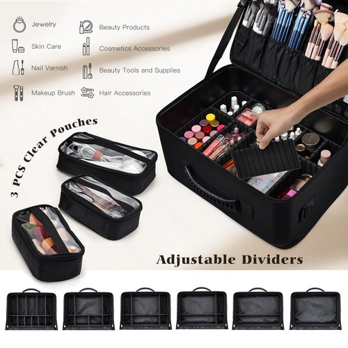 Costravio Makeup Bag Organizer Large Makeup Case Backpack Professional 2 Layers Cosmetic Storage Organizer Brush Slot with 3 Clear Set Bags for Makeup Artists with Shoulder Strap Adjustable Dividers