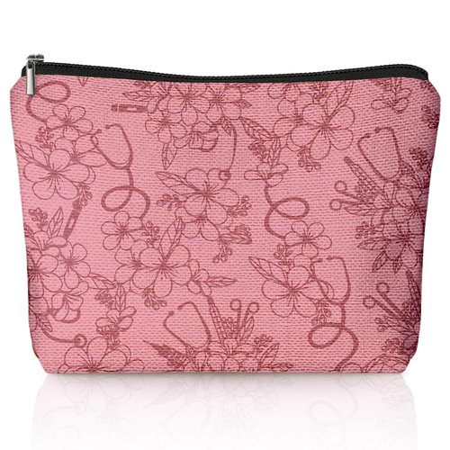 LIANGW Pink Nurse Floral Makeup Bag, Nurse Gifts for Women Cosmetic Bag, Gifts for Nurses Female Women, Nursing Flower Small Toiletry Bags Zipper Makeup Pouch