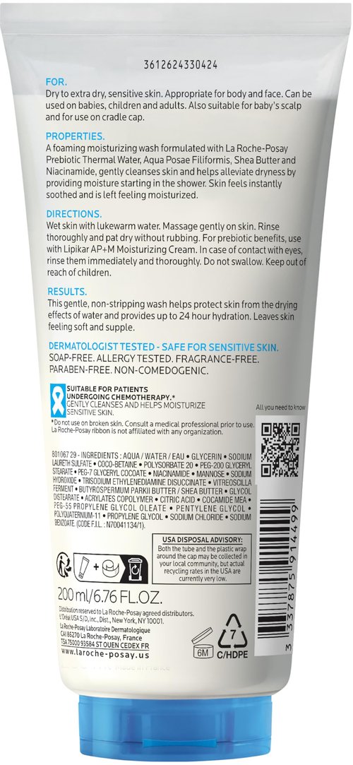 La Roche-Posay Lipikar AP+ Gentle Foaming Moisturizing Wash, Shea Butter + Niacinamide + Glycerin, Moisturizing Body Wash & Face Wash For Dry Skin, National Eczema Association Accepted, Soap Free