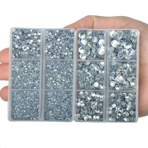 10000Pcs 2-Boxes Mixed Size Hot Fix Round Crystals Gems Glass Stones Hotfix Flat Back Rhinestones with Tweezers and Picking Pencil (Clear Crystal)