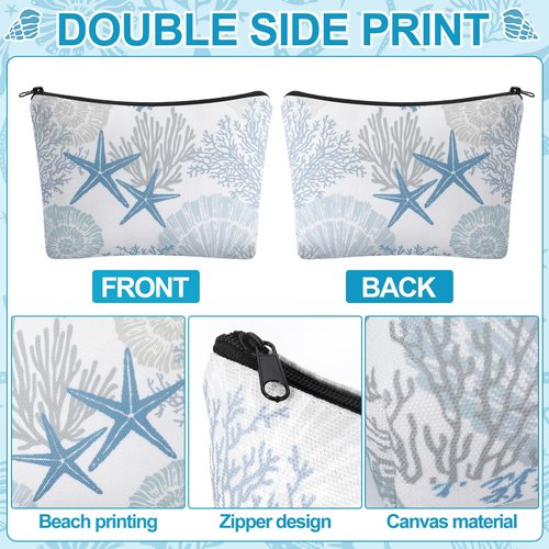 Sunnymove 4 Pack Coastal Cosmetic Bags Beach Themed Gifts Starfish Seashell Conch Coral Makeup Pouches Zippered Travel Toiletry Bags for Women Beach Summer Trip Organizer Set(Fresh)