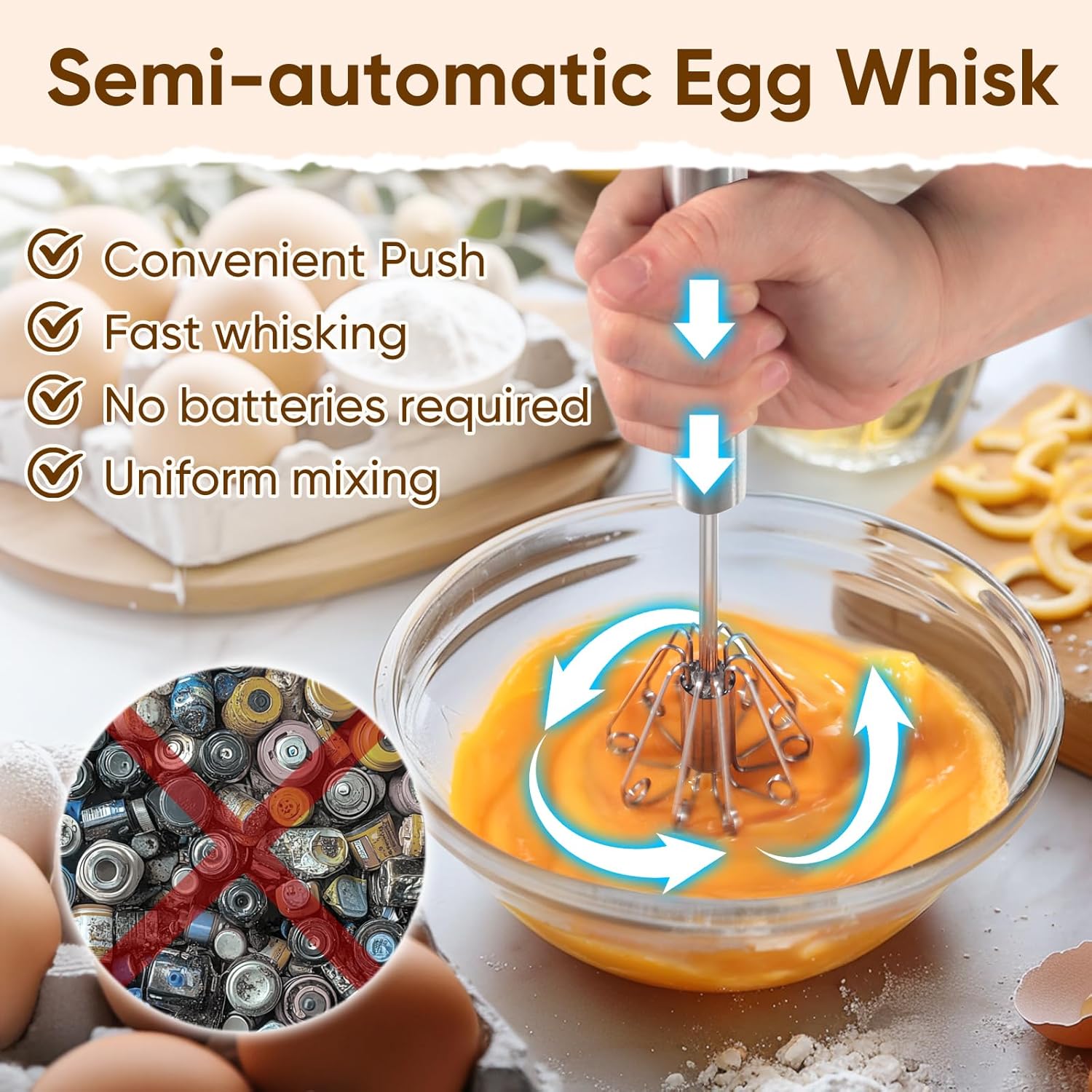 Whizzy Whisk - Stainless Steel Egg Whisk | Versatile Hand Push Rotary Blender (12in)
