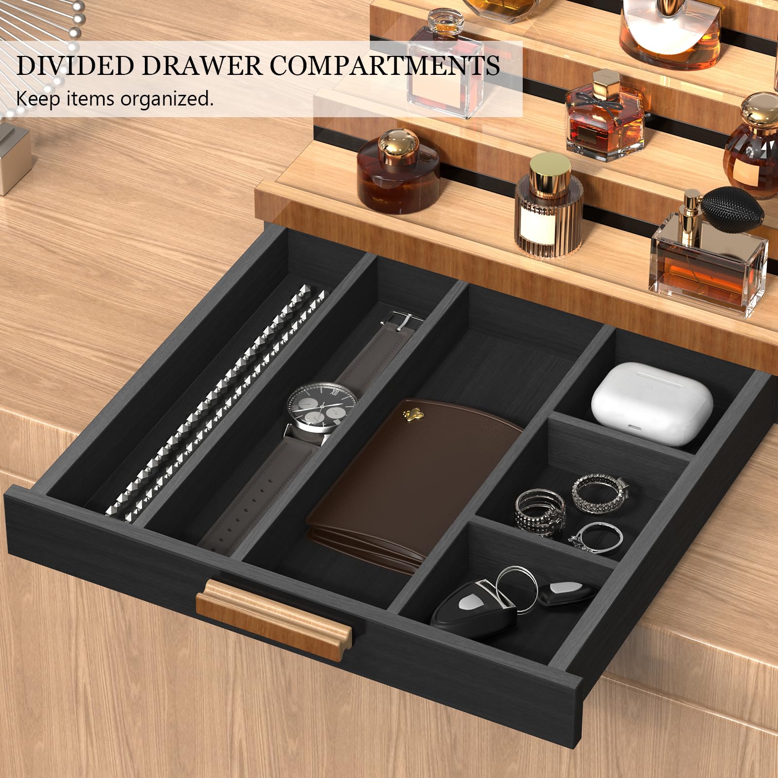 Zaldia Wooden Cologne Organizer for Men 5 Tier of Perfume Display Holder of Drawer & 2 Hidden Compartments Larger Storage Space Mens Perfume Organizer Shelf Stand,Gift for Man (5T-Black Walnut)