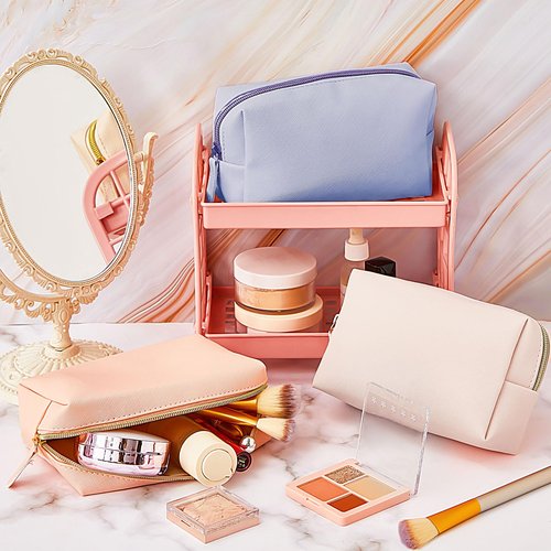 Cunno 24 Pcs Makeup Bag Bulk PU Leather Cosmetic Bag Makeup Pouch Plain Cosmetic Pouch Waterproof Toiletry Bags for Traveling Travel Purse Cosmetic Organizer (Morandi)