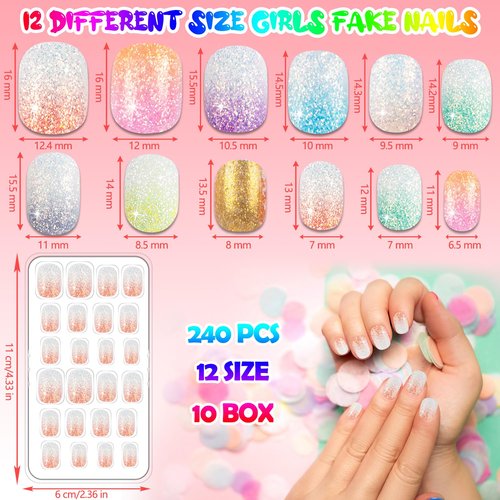 240 Pieces Fake Nails for Kids Girls Artificial Kids Press on Nails Full Cover Short Acrylic Stick On Nails False Nail Tips Kit for Children Little Girls Nail Art Decoration (Sparkle)