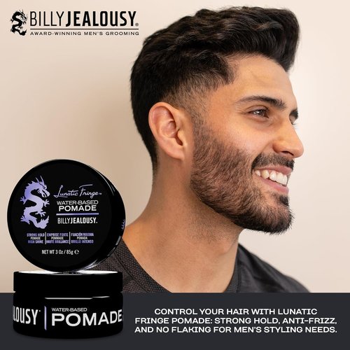 Billy Jealousy Lunatic Fringe Pomade - Strong Hold, High Shine, Vegan Hair Product for Medium to Long Hair, 3 oz