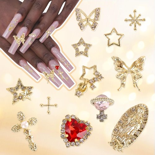 KYLELOVE 60 PCS Bulk Y2K Bling Rhinestones Gold Nail Charms 3D Gold Cross Star Butterfly Charms for Nails Gems Supplies