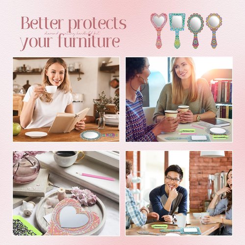 Threehoney 4 Pcs Diamond Painting Mirror Handheld Kits Valentine Christmas Art Gifts Compact Decorate Your Own Mirror for Hand DIY Crafts
