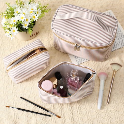 Huhumy 3 Pieces Makeup Bag Set for Women Cute Seersucker Cosmetic Pouch Travel Toiletry Bag Preppy Small Makeup Purse Pouch Aesthetic Skincare Brushes Storage Organizer for Women(Khaki)
