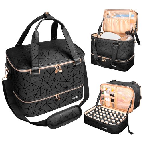 ahzske Nail Polish Organizer Bag Holds Nail Lamp& 50 Bottles (15ml/0.5fl.oz), PU Leather Nail Supplies Organizer Case with Shoulder& Holder Strap, Travel Nail Kit Storage for Manicure Tools (Black)