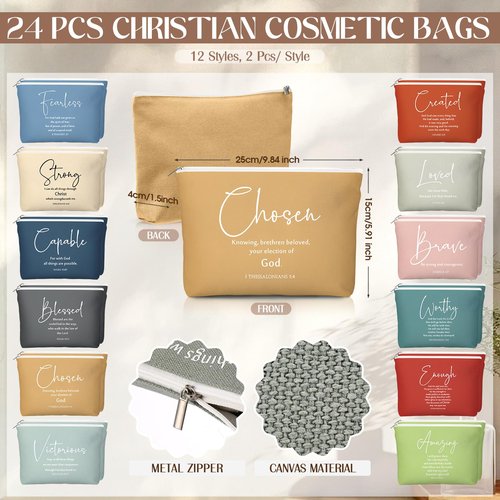 Geelin 24 Sets Christian Gifts Bulk Religious Canvas Makeup Bags with Bible Verse and Compact Mirrors Inspirational Gift for Women Teacher Staff Coworker Church Ladies Easter Holiday Gifts (Classic)